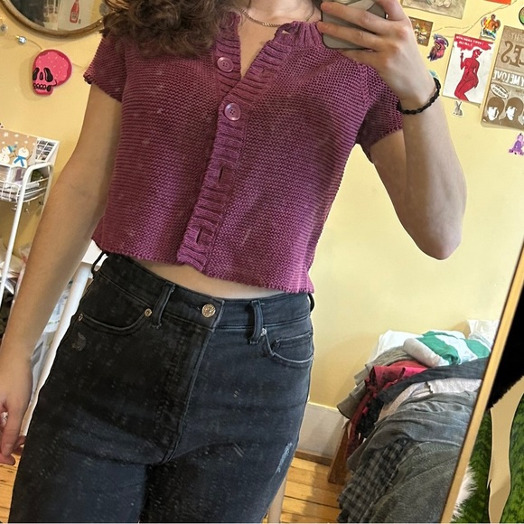 Loft Raspberry knit button up crop top - Picture 2 of 3